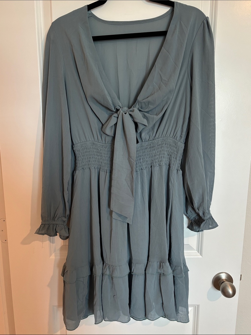Light Slate Blue Tie-Neck Long Sleeve Dress